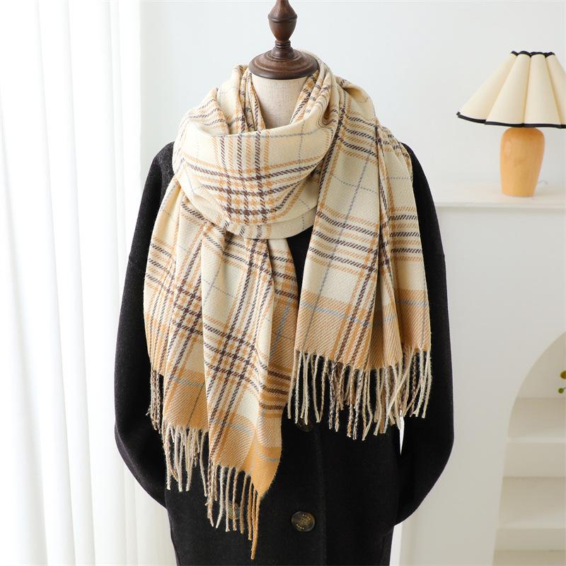Unisex Korean Plaid Thick Winter Scarf with Tassels - Imitation Cashmere Shawl