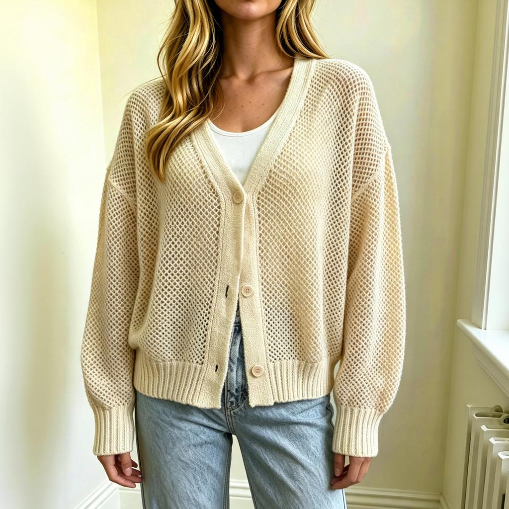 Women's Openwork Knit Button Down Cardigan Sweater for Casual Everyday Wear