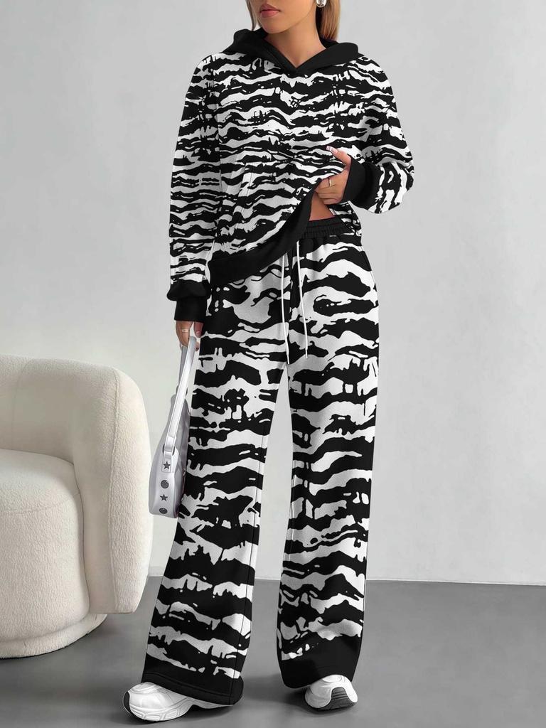 Square Splicing European, American Autumn and Winter Casual Long-sleeved Suit Women's Hooded Sweater Trousers Two-piece Set