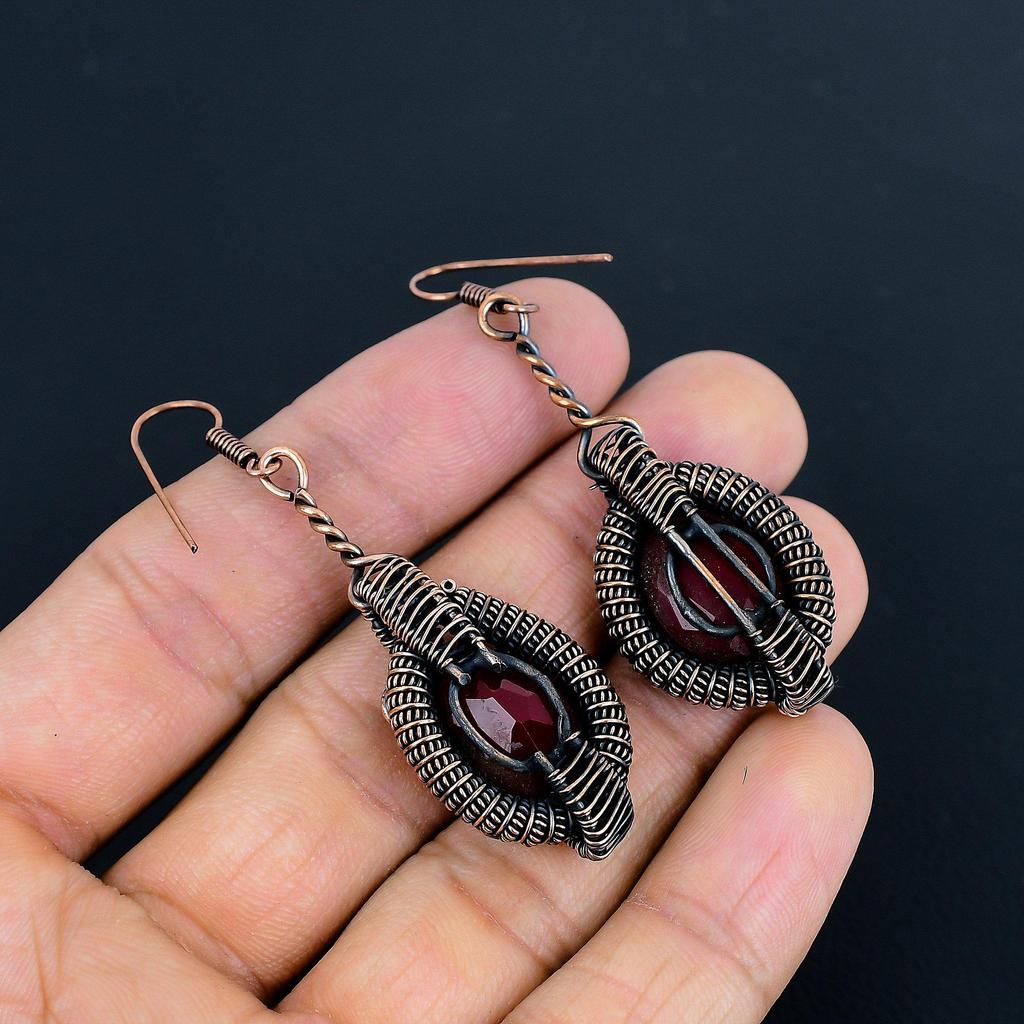 Red Garnet Jewelry, 999 Copper Wire Wrapped Earrings, Handmade Gemstone Jewelry Earrings For Memorial Day
