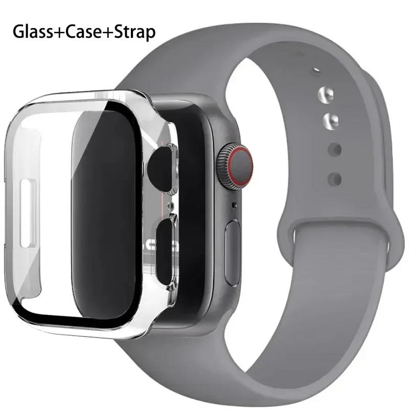 Glass+Case+Strap For Apple Watch band 46mm 45mm 44mm 41mm 40 38mm Silicone watchband bracelet iWatch series 10 9 8 7 6 5 4 3 SE
