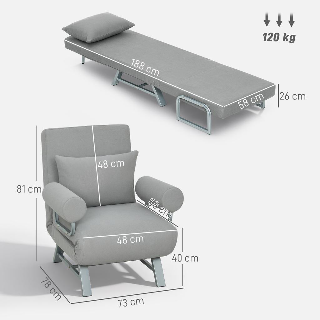Convertible Armchair, 1-Seater, Folding Armchair-Bed, Linen, Adjustable Backrest, Pillow, Light Gray