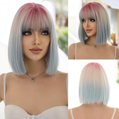 Pelucas cortas rectas de color rosa degradado y azul con flequillo, peluca de pelo sintético Natural para mujer, peluca de fiesta Lolita para Cosplay diario