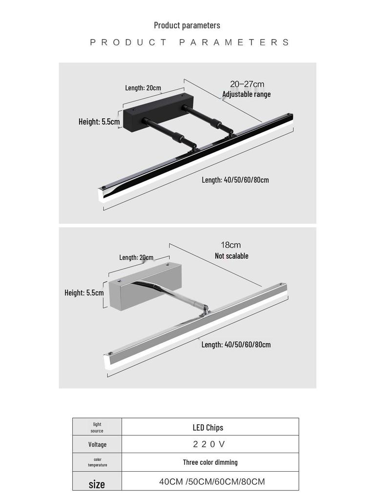 LED Vanity Light: No-Drill, Extendable Mirror Cabinet, Tri-Color, Nordic Minimalist Style.
