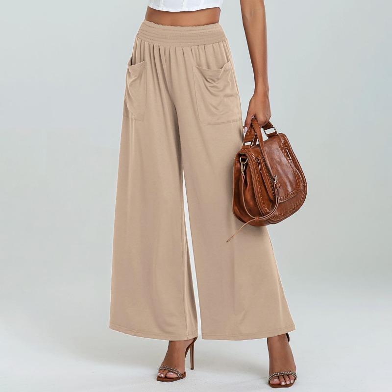 Fashion Loose Elastic Waist Women's Wide Leg Pants High Waist Casual Office Simple Office Trousers with Pockets Solid Color Elegant Clothing