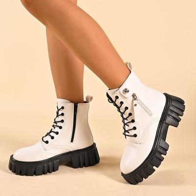 Botines casuales para mujer con cremallera lateral, punta redonda, antideslizantes, con cordones, botas de combate, plataforma, suela gruesa, tacón bajo, zapatos para mujer