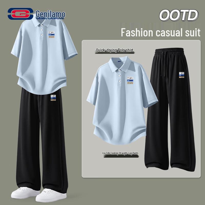 

GENIOLAMODE Men s Ice Silk Polo Shirt & Casual Pants Set M
