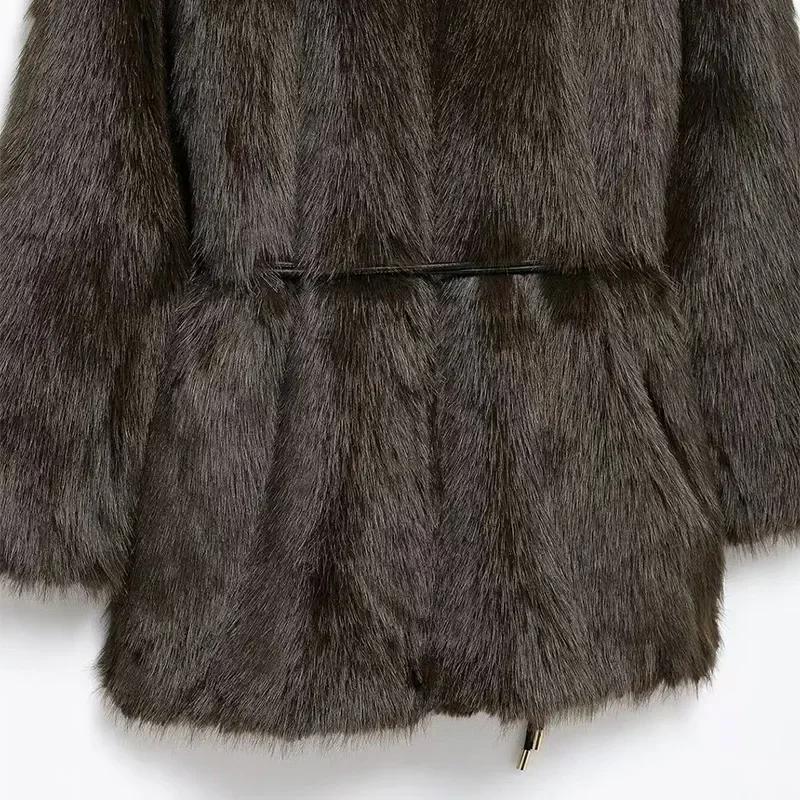 Vintage Luxury Faux Fur Women Coats Fashion Belt Lapel Full Sleeve Female Jacket 2025 Winter Street Loose Thicken Lady Outwears