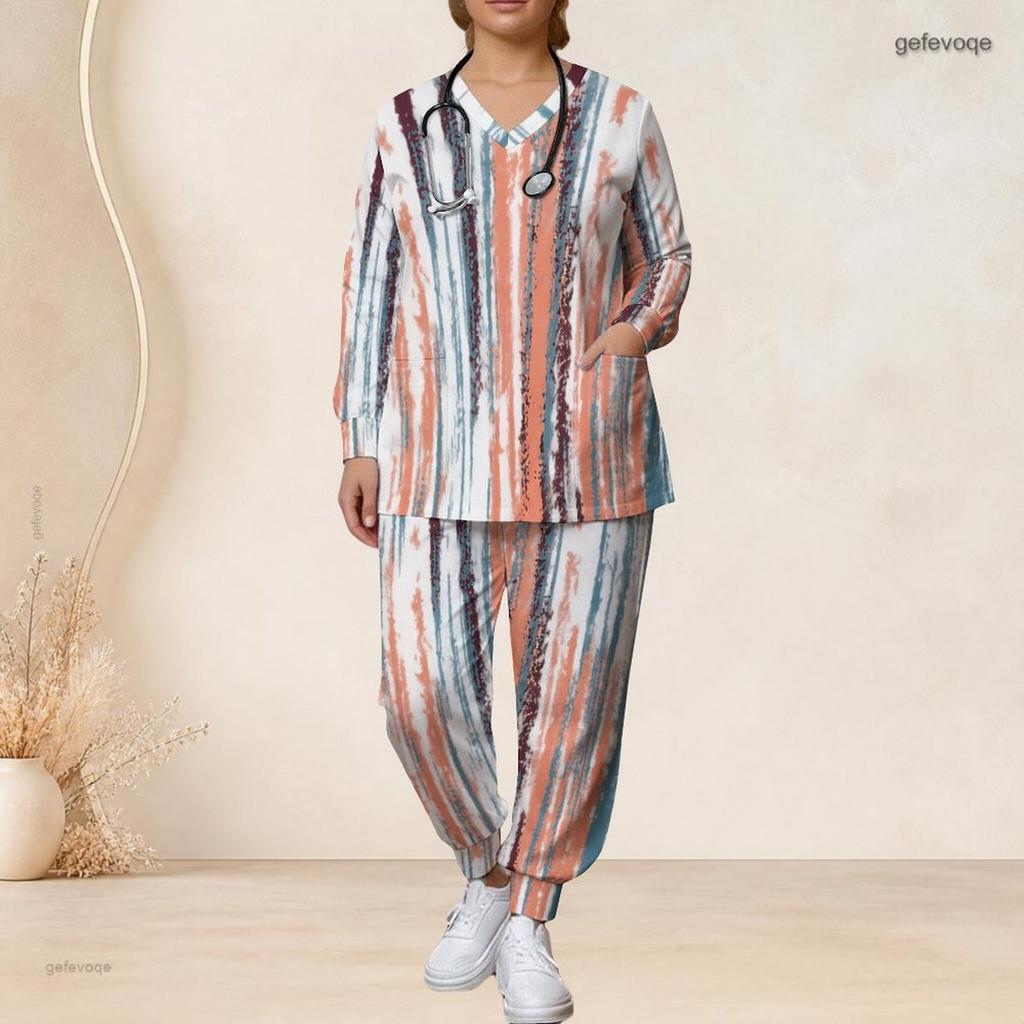 Women Plus Size Printed Nurse Scrub Set V Neck Long Sleeve Pockets Top Long Pants Two Piece