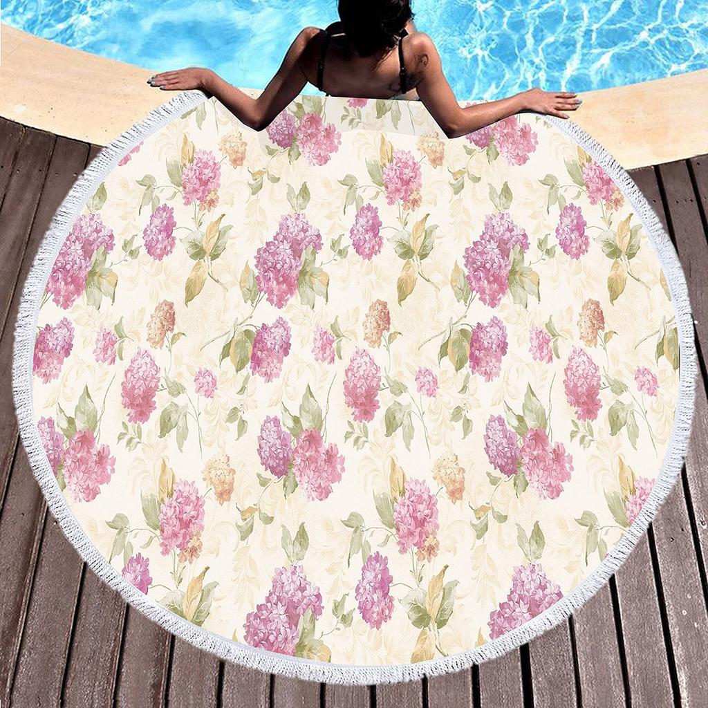 Vintage Floral Round Beach Towel with Tassels, Farmhouse Flower Beach Blanket, Soft Microfiber Yoga Meditation Mat Picnic Rug