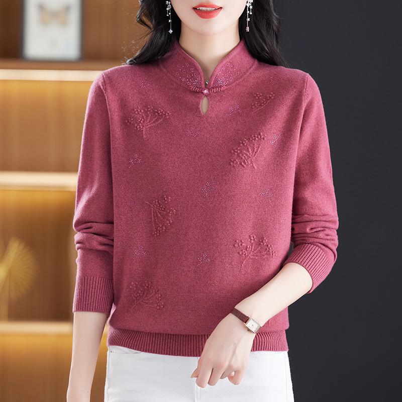 100% Pure Wool Embroidered Qipao Collar Sweater - Red, Age-Defying Knit Base Layer for Women