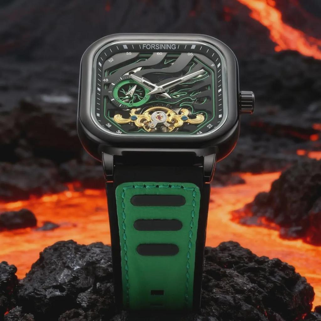 Forsining Fashion Mechanical Watch for Men Square Tourbillon Skeleton Automatic Watches Leather Rubber Strap Sports Wristwatches