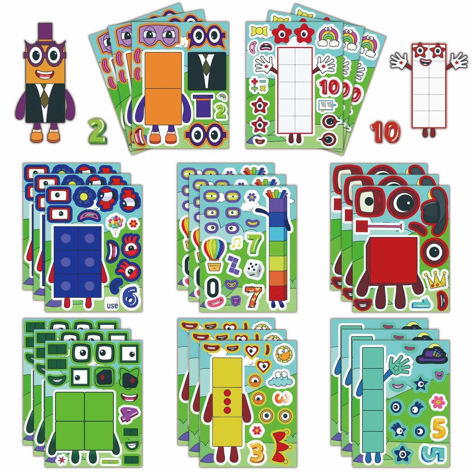 

8 Sheets Interactive Cartoon Building Blocks Face Stickers - Educational Puzzle Stickers for Kids