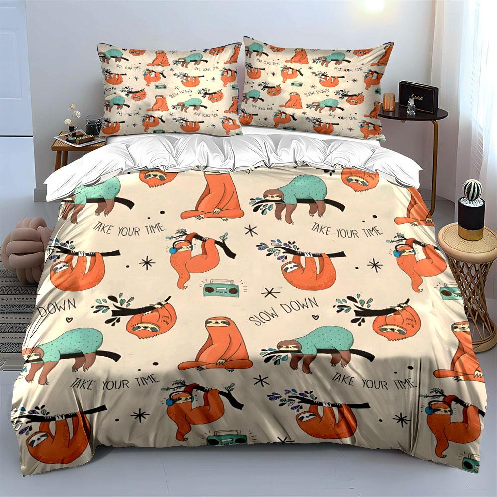 Sloth Pattern "Take Your Time" Bedding Duvet Cover Set  (1*Duvet Cover 2*Pillowcases, without duvet insert)