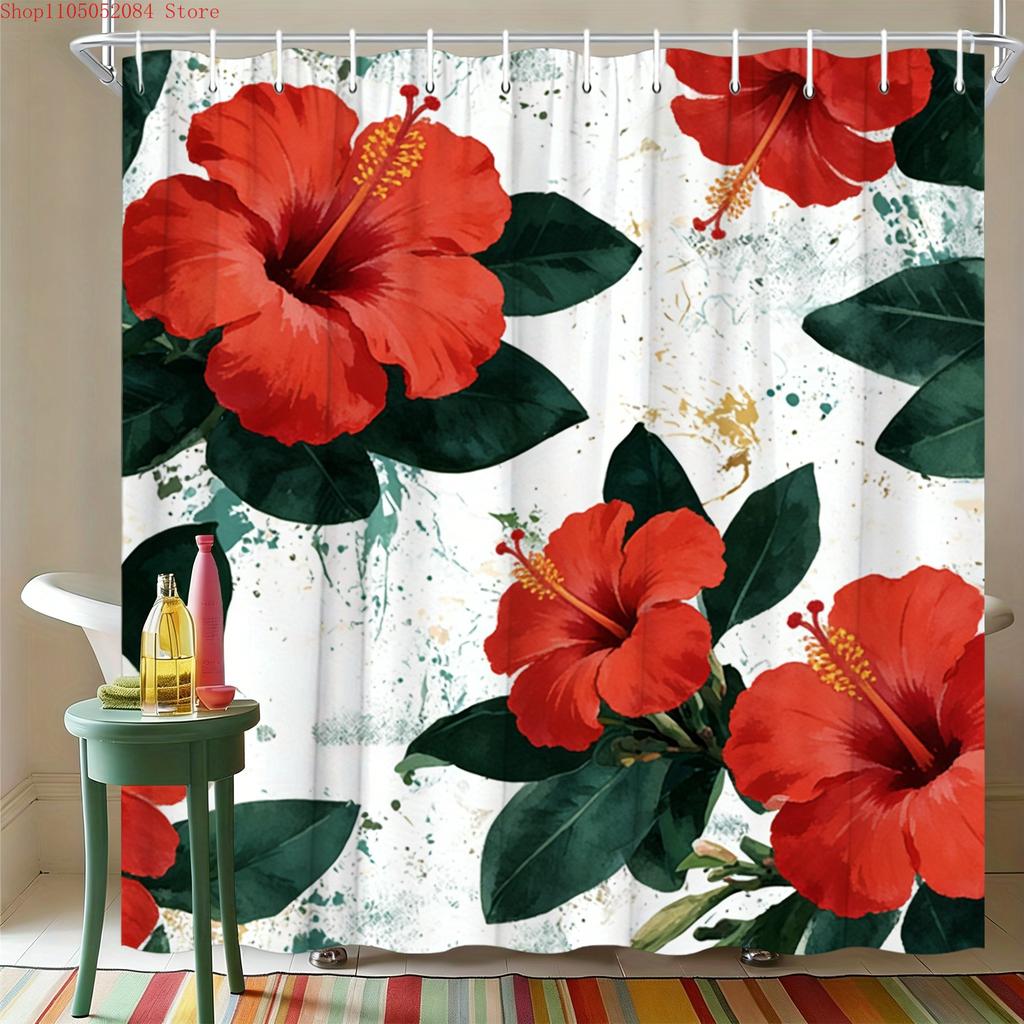 Watercolor White Gardenia Flowers With Green Leaves Waterproof Shower Curtain For Bathroom Decor