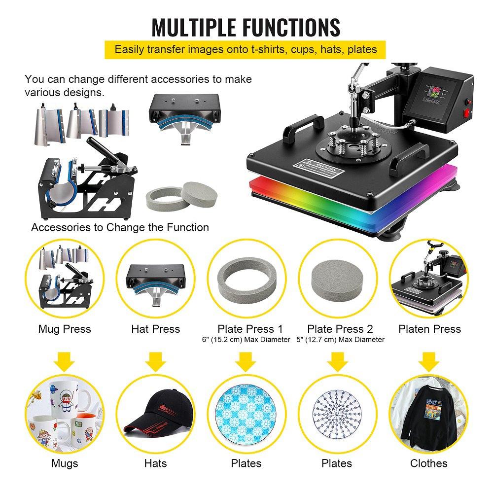 VEVOR Heat Press 8 In 1 Heat Press Machine 38x38cm Heat Transfer Press 15x15Inch T-shirt Press Mulitifuctional Sublimation Machine for T-shirt Mug