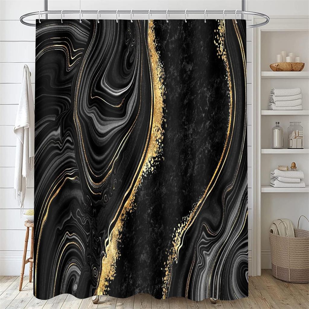 4Pcs Black Marble Shower Curtain Sets with Rugs Gold Bathroom Sets with Shower Curtain and Toilet Lid Cover Modern Bathroom Deco