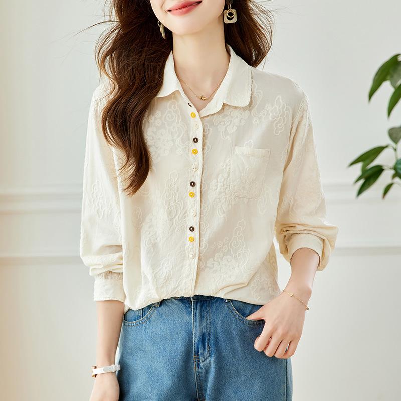 

Абрикосовая вышитая рубашка для женщин с длинным рукавом весна и осень цветная на пуговицах кукольный воротник топ из чистого хлопка вышитая рубашка XXL