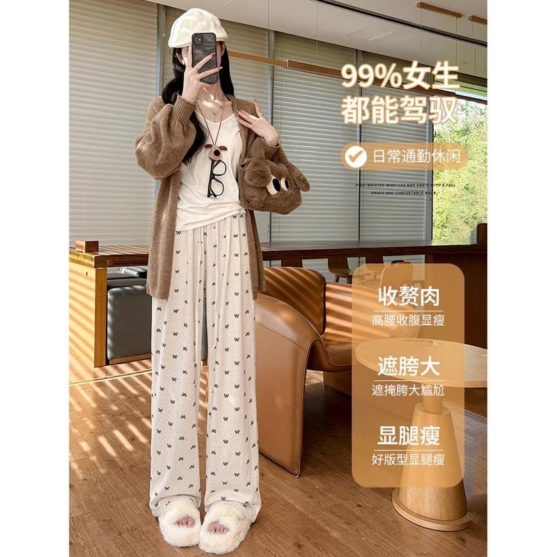 Grey Bow Glutinous Rice Yamamoto Pants Women's Spring and Autumn Vertical Straight Tube Small Lazy Casual Wide-leg Pants