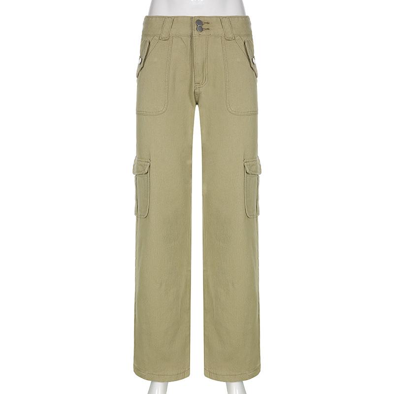 Multi Tasche Neue Einfarbig Cargo Hosen Damen Niedrige Taille Lose High Street 2022 Retro Mode Gerade Denim Hosen Heißer verkauf