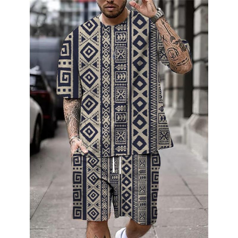 2025 New Summer Men's Short Sleeve Shorts Set Street Everyday Casual Men's T-Shirt Outdoor Fashion Loose Shorts Bohemian Print