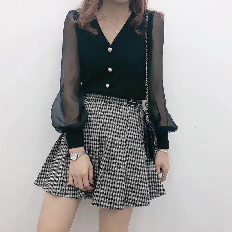 

Женская весенняя однотонная рубашка с длинным рукавом, осенние трикотажные топы на пуговицах XXS чёрный