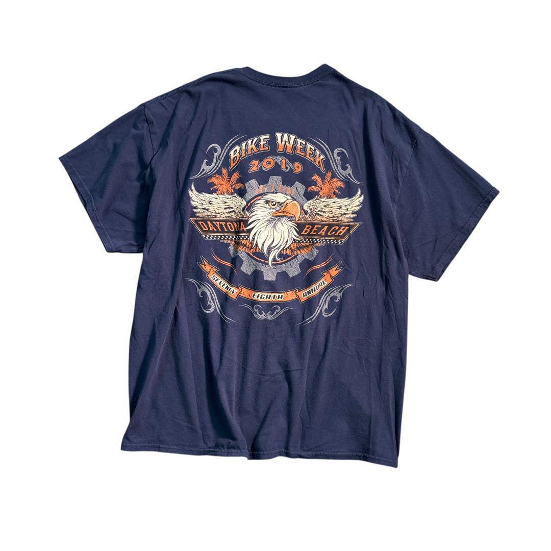 

[USED] 7TSM2 GILDAN back print hawk T-shirt, navy, used