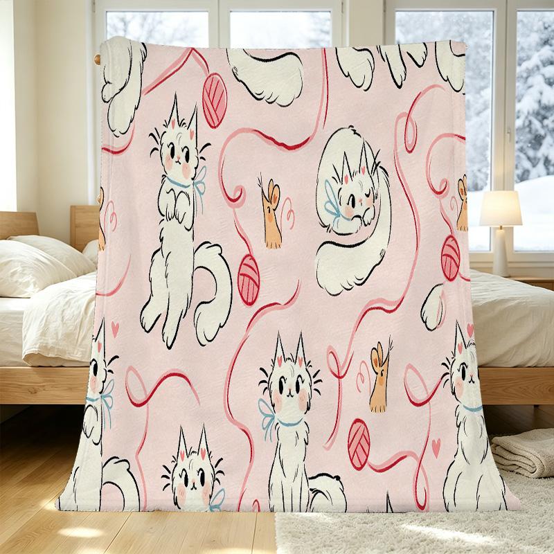 Cute Cat Series Flannel Blanket with Binding Edge – Soft Warm Cozy Throw for Home, Sofa, Halloween & Christmas