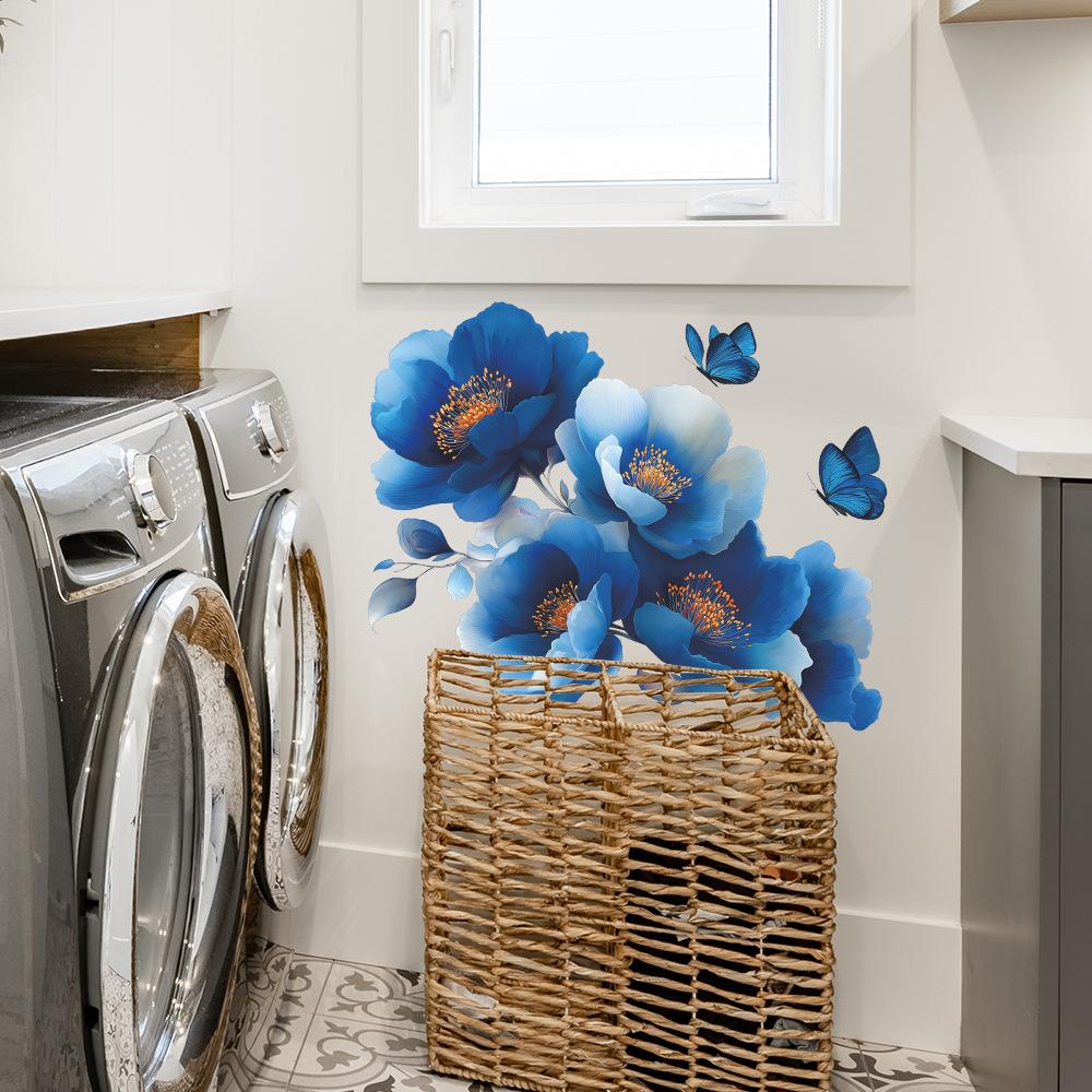 Creative and Dreamy Blue Floral Butterfly Background Wall Decoration Stickers for The Entrance Bathroom