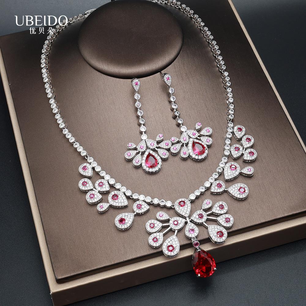 Luxury Red Zircon Necklace Earring Set for Women Elegant Water Drop Design Crystal Jewelry Party Wedding Evening Accessories