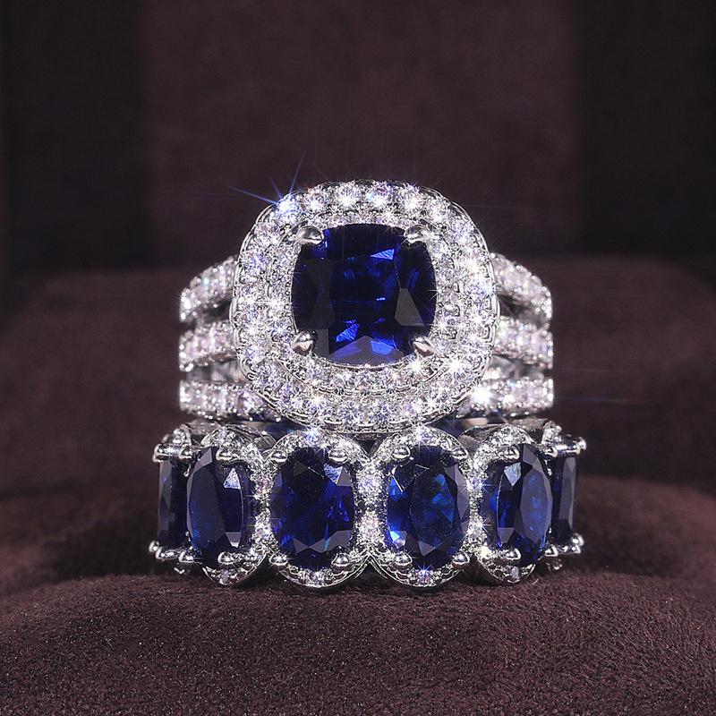 

Элегантный комплект колец с серебристым синим камнем, обручальное кольцо, ювелирные изделия на День святого Валентина 7