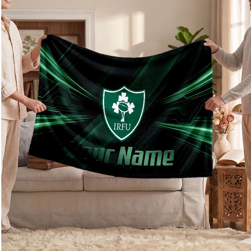 Ireland Rugby Flannel Blanket, Custom Name Text Personalized Soft Throw Blanket Home Decor Gift