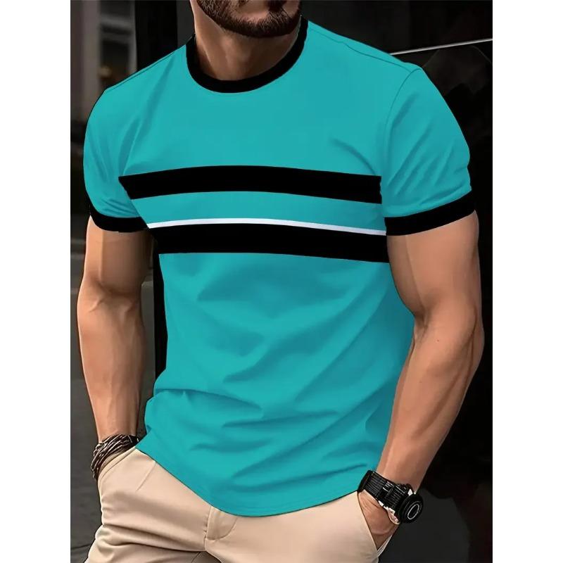 Summer Round Neck Color - Block & Striped 3D Print Top Fashionable Casual Short Sleeved Men's T-shirts