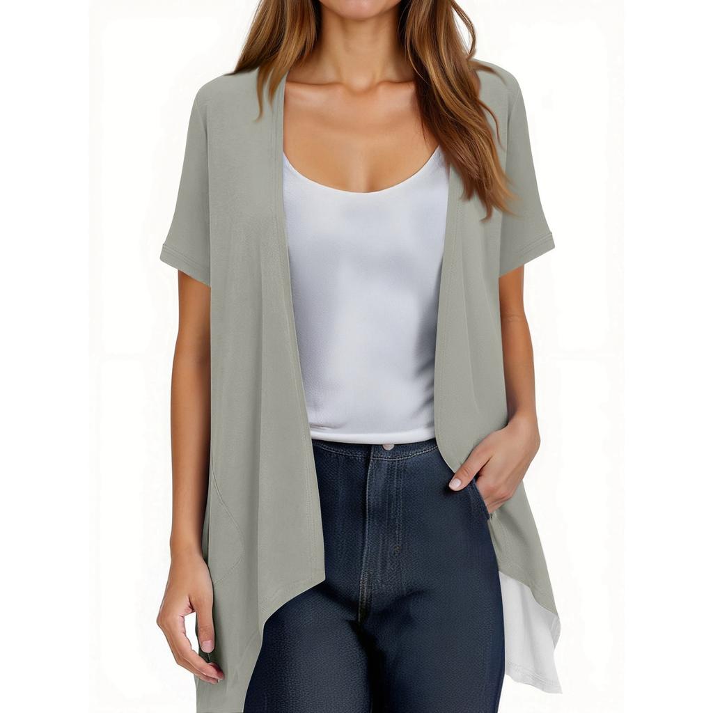 Women's Fashion Solid Color Irregular Hem Short Sleeve Cardigan Pocket Jacket