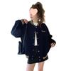 2026 Autumn Women's Retro Fleece-Lined Baseball Jacket: College Style, Loose Fit, Printed Design