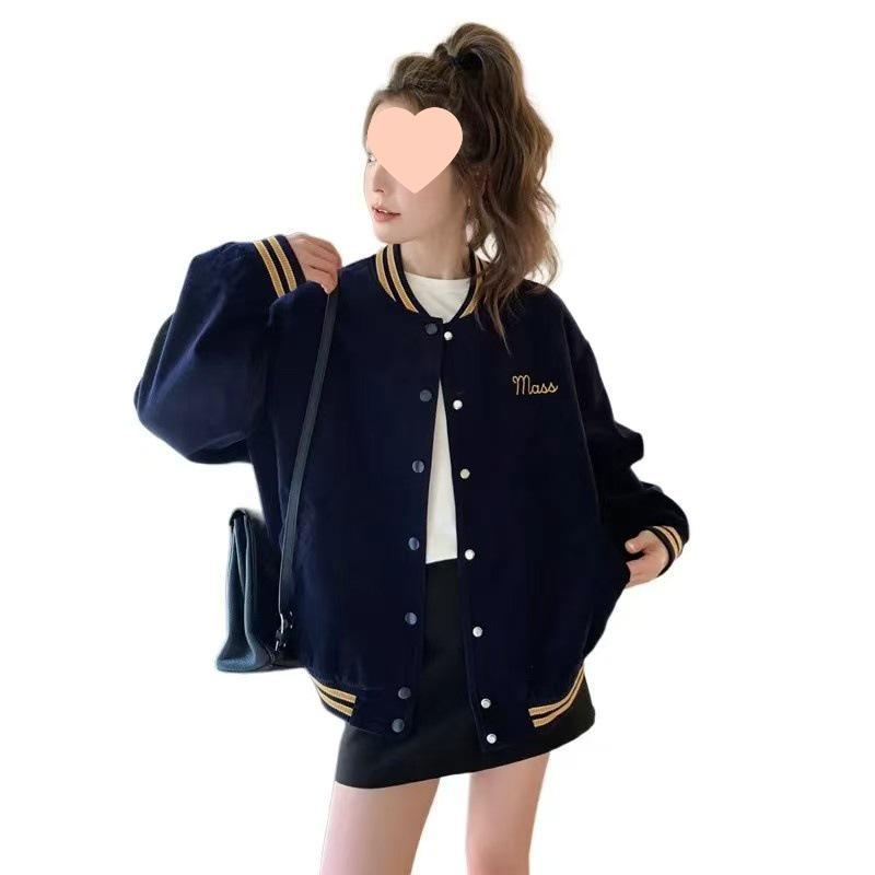 2026 Autumn Women's Retro Fleece-Lined Baseball Jacket: College Style, Loose Fit, Printed Design