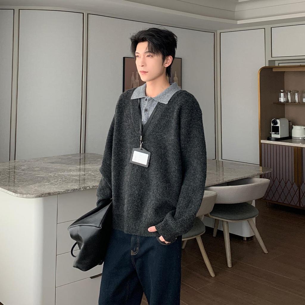 Korean Retro Old Money Style Knit Sweater: Autumn-Winter Two-Piece, Warm Versatile Casual Men's Fashion