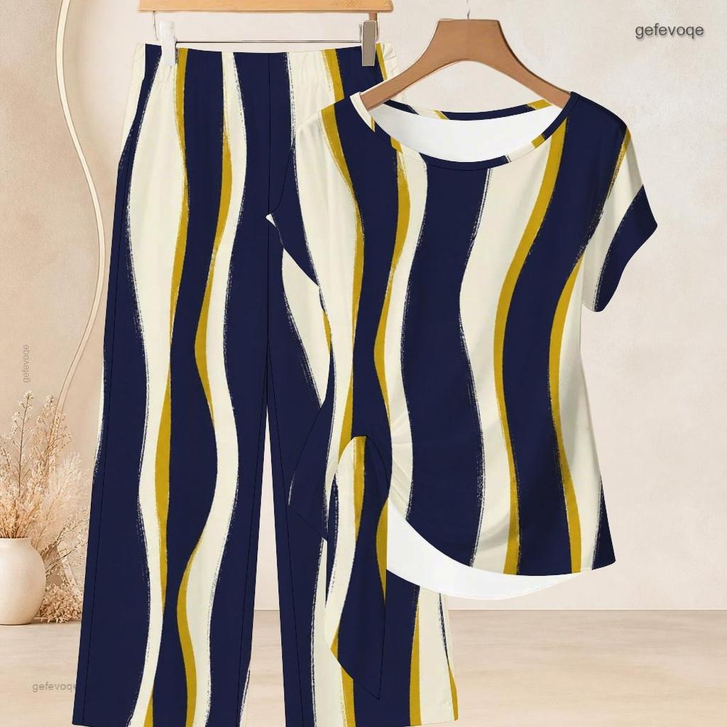Women Plus Size Round Neck Short Sleeve Knot Hem Red White Striped Printed Two Piece Pants Set