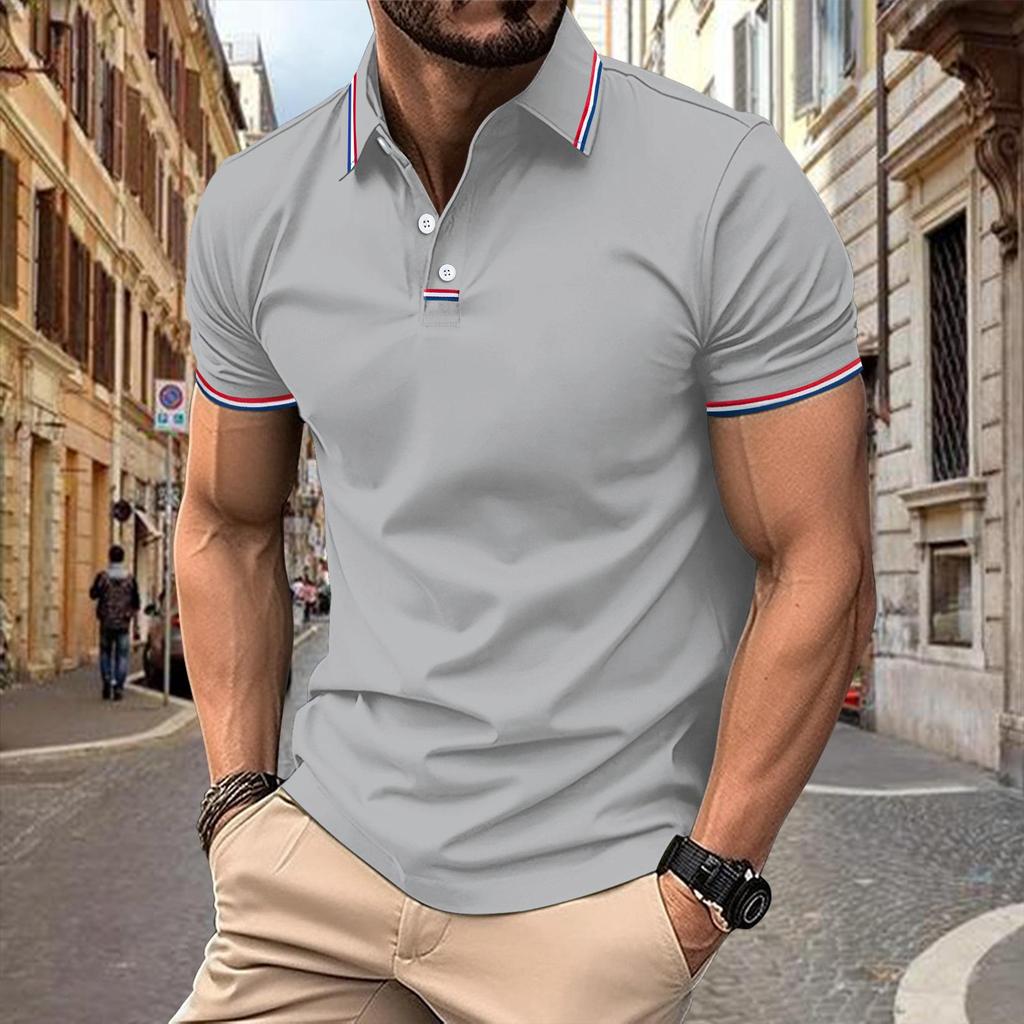 New Men's Casual POLO Shirt Lapel Collage Pull Stripes Button Business Solid Colour T-shirt Tops