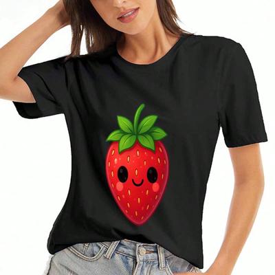 Strawberry Ladies Cotton T Shirt, Premium Cotton Print, Durable, Casual And Fashionable, Cute Strawberry Graphic Tee, Soft And Comfortable Fabric, Rou