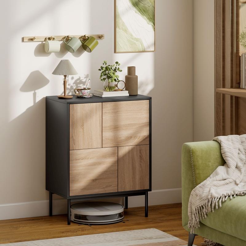 Sideboard with Push-to-open Doors. Dining Room Cabinet with Metal Legs. Kitchen Cabinet. MDF. Black + Natural Wood