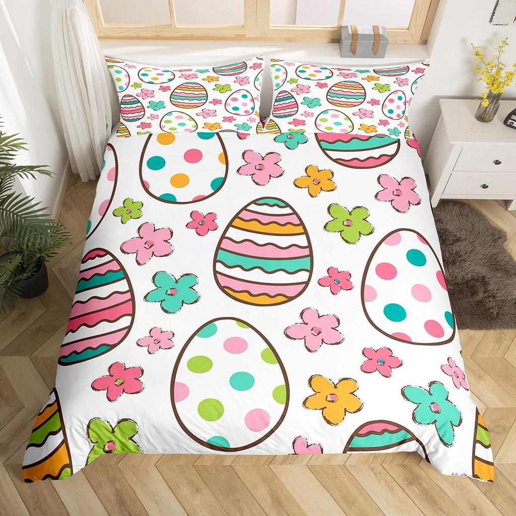 Watercolor Easter Eggs King Queen Bedding Set Happy Easter Themed Duvet Cover Toddlers Rainbow Easter Egg Polyester Quilt Cover