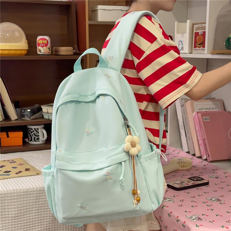 Zaino scolastico carino con ricamo a fiocco, tasca frontale, manico superiore, zainetto casual per uso quotidiano