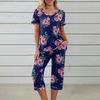 2 Stück/Set Damen Blumenprint Loungewear Set V-Ausschnitt Kurzarm T-Shirt Taschen Elastische Taille