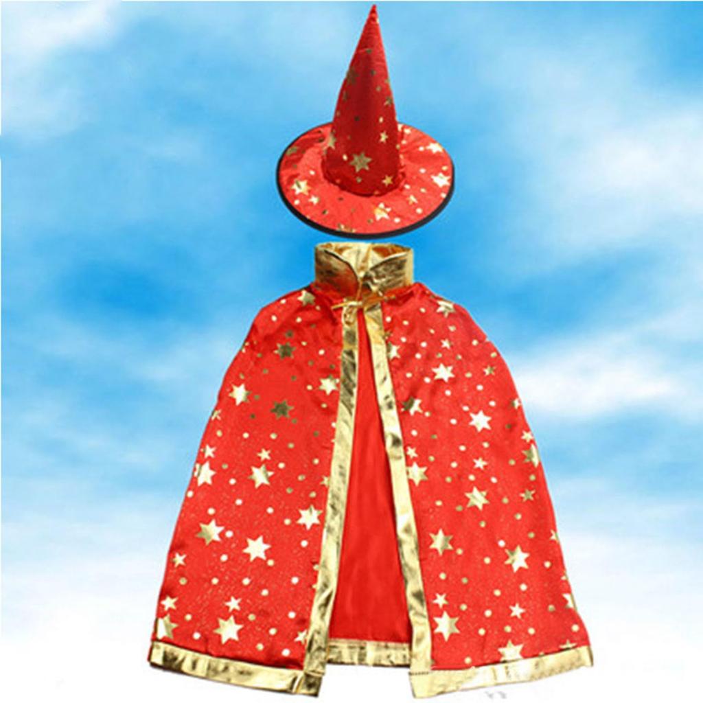 Children's Magic Wizard Cloak and Hat Set Star Pattern Long Robe Costume Cape for Performance Dress Up and Role Play Accessories