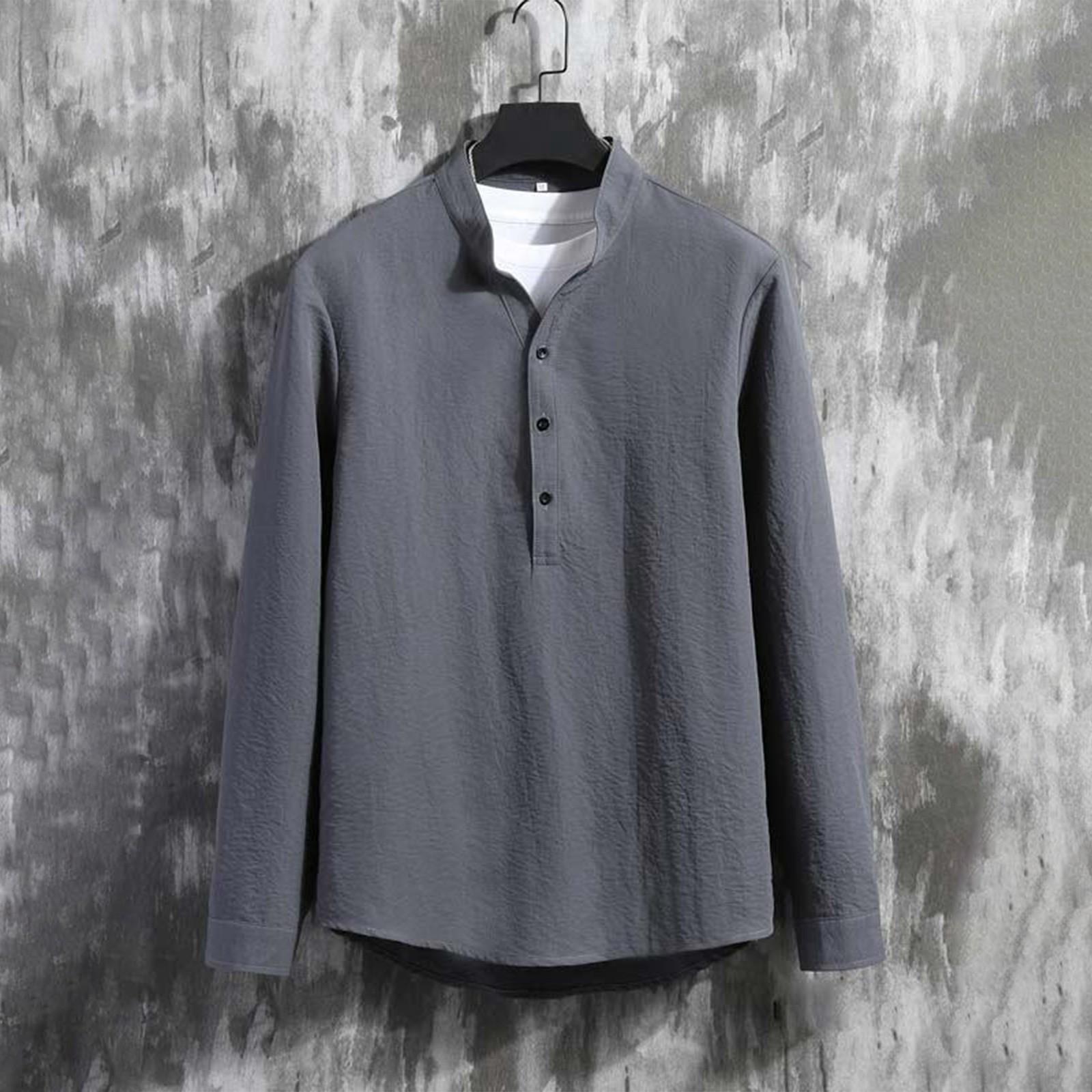 

Men s Autumn Button Pleated Casual Loose Solid Color Long Sleeve Shirt L сірий колір