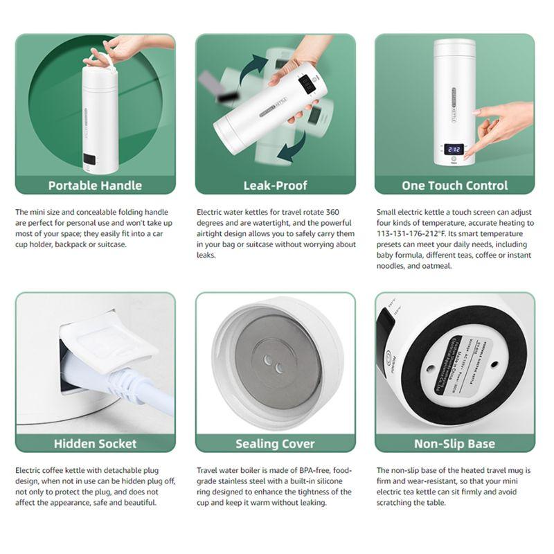 AEE4-Travel Electric Kettle Portable Small Mini Tea Coffee Kettle Water Heater White Stainless Steel With LCD US Plug