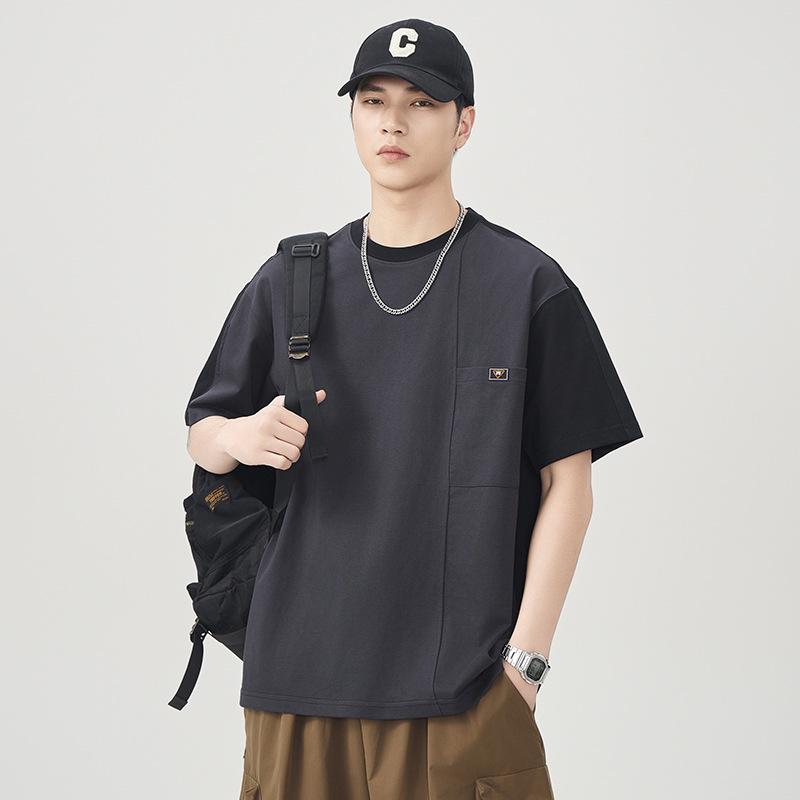 Contrast Color Short-sleeved T-shirt for Men's Summer New Loose Round Neck Drop Shoulder Shirt