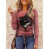 3D Cat Printed T-shirts Fashionable Casual Long Sleeved Women's T-shirts - Soft Medium Stretch Polyester Fabric Spring and Autumn Relaxed Fit Clothing