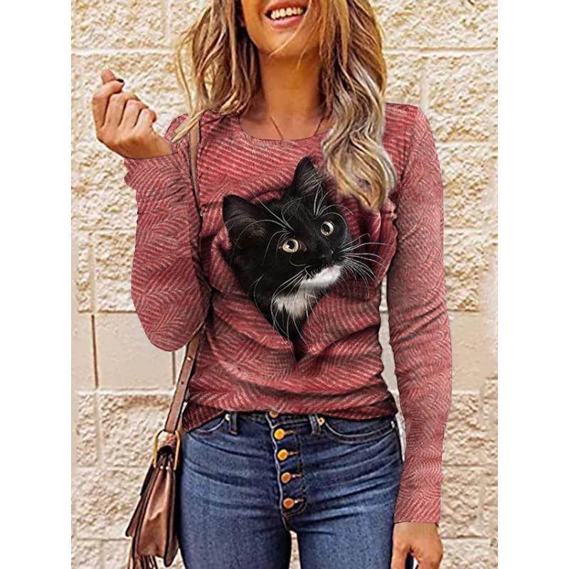 3D Cat Printed T-shirts Fashionable Casual Long Sleeved Women's T-shirts - Soft Medium Stretch Polyester Fabric Spring and Autumn Relaxed Fit Clothing